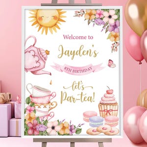Pink Tea Party Welcome Sign: Teapot, Cupcakes, Sun (CORJL EDITABLE DIGITAL Template)