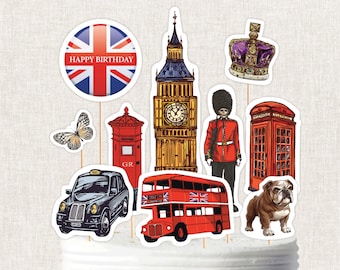 London Tea Party Cake Toppers: Britische Symbole, Big Ben, Bus, bearbeitbare Corjl-Vorlage