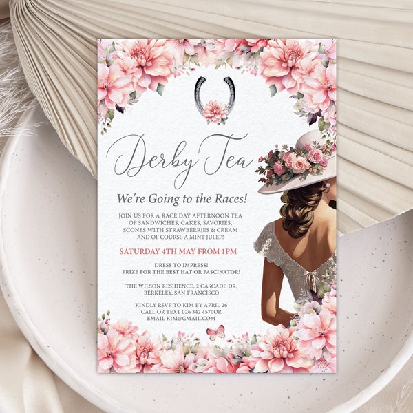 5 x 7 Derby Tea Invitation with Blush Pink Flowers, Diamond Flower Horseshoe, Pretty Lady in Hat, Butterfly, Corjl Editable Digital Download