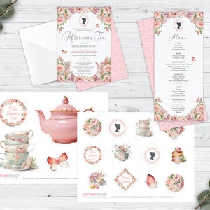Bundle of 3 Bridgerton Afternoon Tea Blush Pink Products with Cameo, Includes Invite, Menu & Cake Toppers, Corjl EDITABLE DIGITAL DOWNLOAD