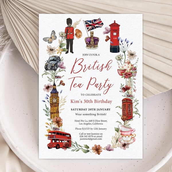 5 x 7 British Tea Party Invite, London Icons, Big Ben, Double Decker Bus, Phone Box, Black Taxi, Butterfly, Corjl Editable Digital Download