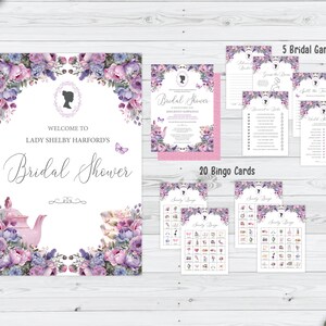 Bundle of 4 Bridal Shower Pink & Purple, Invite, Sign, 5 Shower Games, Corjl Editable DIGITAL DOWNLOAD, 20 Society Bingo Cards, Not Editable