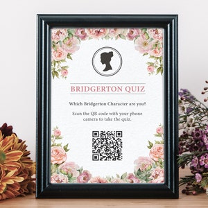 NICHT EDITIERBAR Bridgerton Quiz Welcher Charakter bist du? 15 x 18 cm kleines Schild mit rosa Blumen und Cameo, sofortiger digitaler Download PDF-Dateien