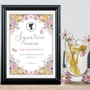 5 x 7 The Whistledown Signature Cocktail Sign with Pastel Colored Flowers, Cameo, Butterflies, CORJL EDITABLE DIGITAL Template