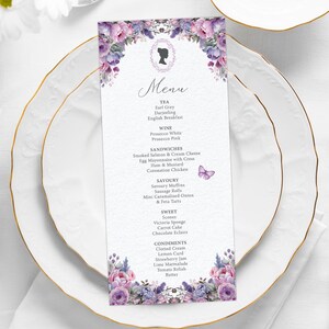 4 x 9 Tea Party Menu with Pink & Purple Flowers, Bridgerton Style Cameo with Butterfly, Corjl EDITABLE DIGITAL DOWNLOAD