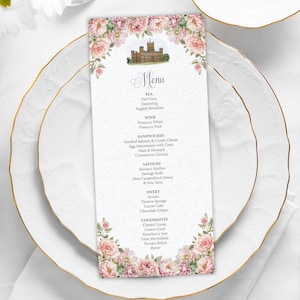 4 x 9 Downton Abbey Inspired Tea Menu, Blush Pink Flowers, Highclere Castle Graphic, CORJL EDITABLE DIGITAL Template