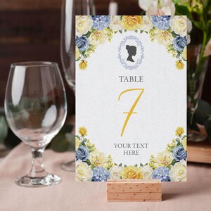 4 x 6 Table Number Cards with Bridgerton Style Cameo, Grey Blue, Yellow Flowers with Pearls, CORJL EDITABLE DIGITAL Template