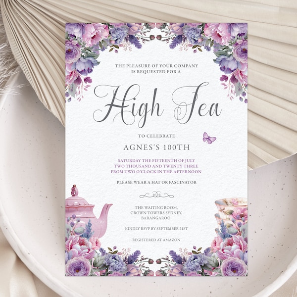 5 x 7 High Tea Invitation with Pink and Purple Flowers, Teapot, Cups, Butterflies, Corjl Editable Digital Download