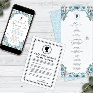 Bundle of 3 Bridgerton Afternoon Tea Dusty Blue Products, Electronic Invite, Menu, Birthday Announcement, Editable Digital File