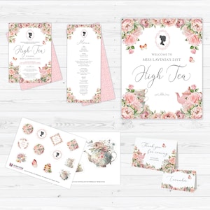 Bündel von 6 High Tea-Produkten mit blush rosa Blumen, Bridgerton Style Cameo, Schmetterling, Teekanne, Tassen, CORJL EDITIERBARE DIGITAL-Vorlage