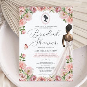 5 x 7 Bridgerton Bridal Shower Afro American Blush Pink Invite with Afro Puff Cameo, Bride and Butterfly, Corjl Editable Digital Download