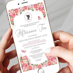Pink Rose Afternoon Tea Invitation: Bridgerton Birthday, Editable Template (Digital Download