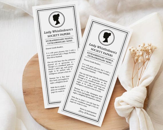 Dearest Gentle Reader Birthday Announcement Society Page, Regency Cameo, 4x9 Corjl Editable Template