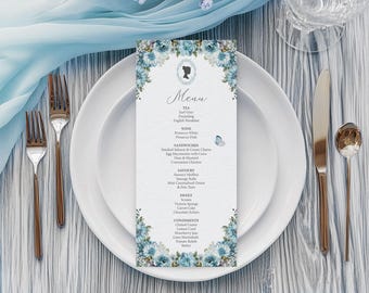 Regency Tea Party Menu with Dusty Blue Flowers, Cameo, Butterfly, 4x9 Corjl Editable Template