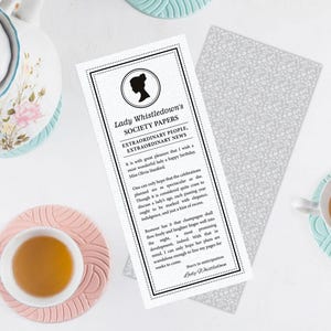 elegant whistledown inspired birthday society announcement, dear gentle readers, on a white background with a pink and green tea set