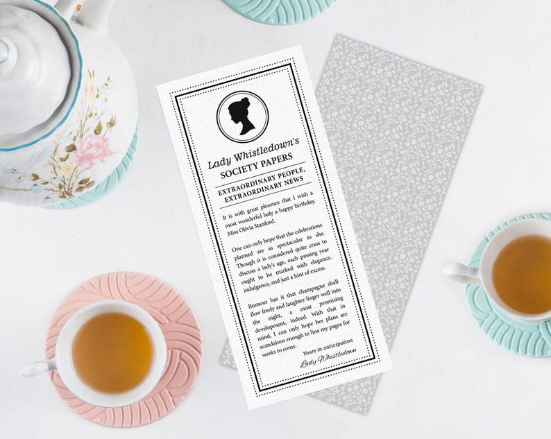elegant whistledown inspired birthday society announcement, dear gentle readers, on a white background with a pink and green tea set