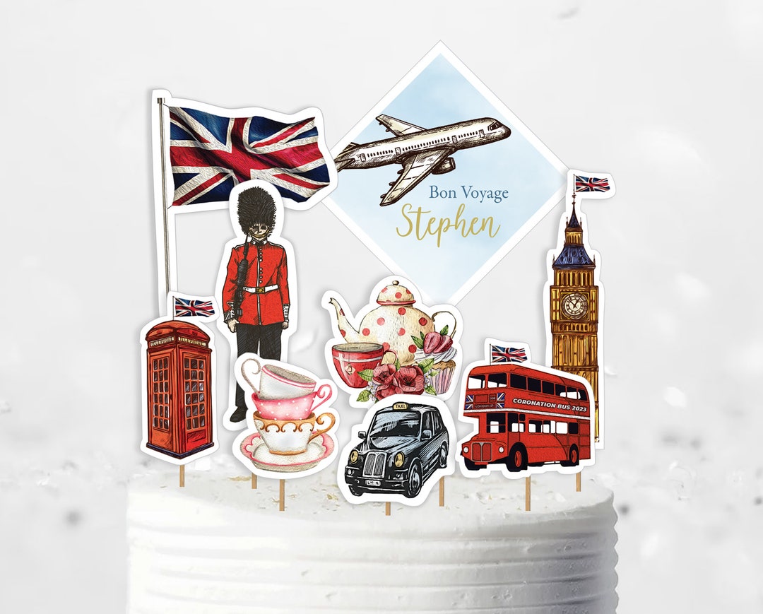 British Bon Voyage Tea Party Cake Toppers, London Themed With Big Ben