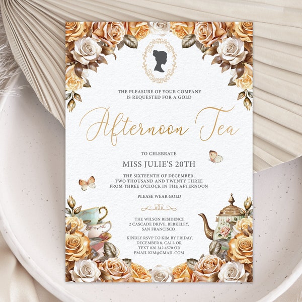 Pretty White & Gold Rose Afternoon Tea Invitation, Bridgerton Cameo with Gold Teapot / Tea Cups, Corjl Editable DIGITAL DOWNLOAD