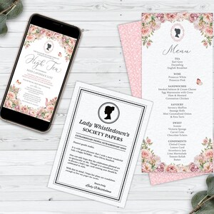 Bundle of 3 Bridgerton High Tea Electronic with Blush Pink Flowers, Butterfly, Bridgerton Style Cameo, CORJL EDITABLE DIGITAL Template
