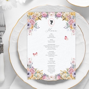5 x 7 Bridgerton Tea Party Menu with Pastel Flowers, Bridgerton Style Cameo with Butterfly, CORJL EDITABLE DIGITAL Template