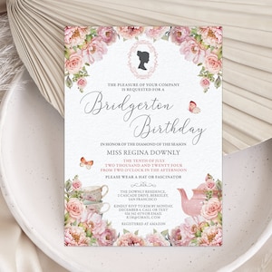 5 x 7 Bridgerton Style Birthday Invitation, Blush Pink Flowers, Cameo, Diamond of the Season, Teapot, CORJL EDITABLE DIGITAL Template