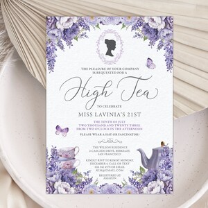 5 x 7 High Tea Invitation with Lavender Colored Flowers, Bridgerton Cameo, Teapot, Teacup, Corjl EDITABLE DIGITAL DOWNLOAD