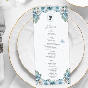 Bridgerton Tea Party Menü mit Dusty Blue Blumen, 4 x 9 mit Cameo Detail, Pretty Blue Back & Schmetterlinge, Corjl bearbeitbarer digitaler Download