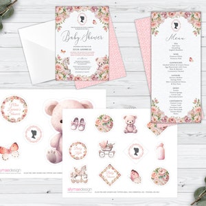 Bundle of 3 Bridgerton Baby Shower Blush Pink Products, Cameo Teddy Bear Invite, Menu & Cake Toppers, CORJL EDITABLE DIGITAL Templates