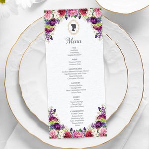 4 x 9 Regency Tea Menu with Pretty Summer Blooms, Gold Cameo and Flourish, CORJL EDITABLE DIGITAL Template