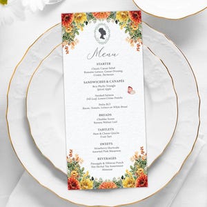 4 x 9 Menu, Afro Puff Bridgerton Cameo, Orange, Yellow, Green Flowers, Butterfly, Pretty Green Floral Back, Corjl EDITABLE DIGITAL DOWNLOAD