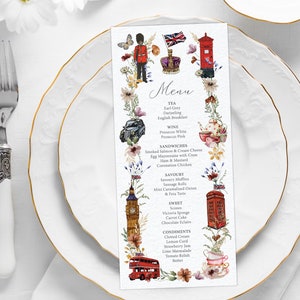 4 x 9 Menu de chá britânico, ícones de Londres, Big Ben, ônibus de dois andares, cabine telefônica, táxi preto, borboleta, Corjl Download digital editável