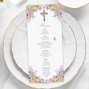 Church Tea Event Menu with Pastel Flowers, 4 x 9, Cross and Butterfly, Religious, Christian, CORJL EDITABLE DIGITAL Template