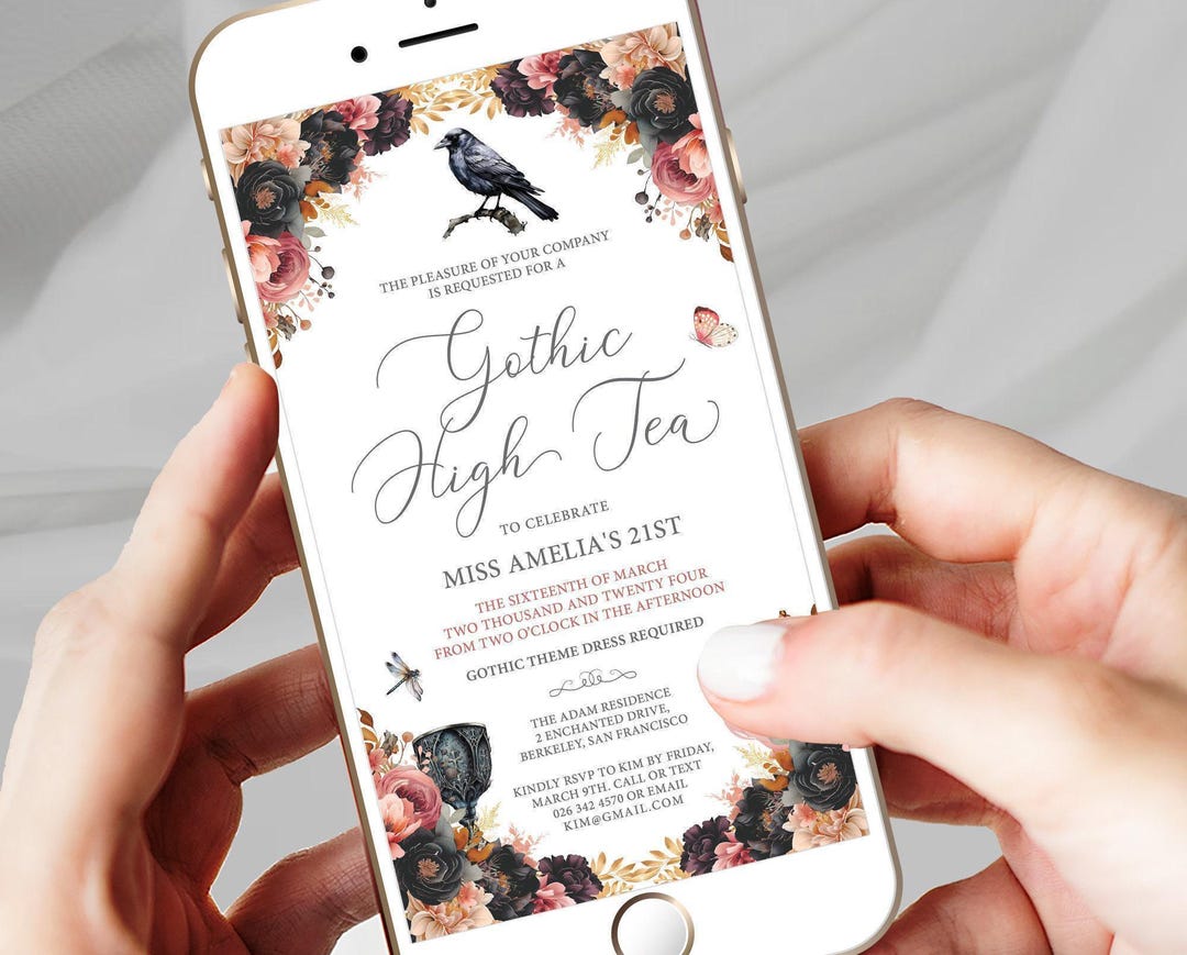 Gothic High Tea Mobile Invite, Raven, Peach Black, Dragonfly, Corjl ...