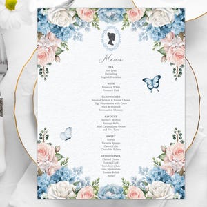 8.5 x 11 Tea Party Menu with Blue, Pink, White Flowers, Bridgerton Style Cameo with Butterflies, CORJL EDITABLE DIGITAL Template