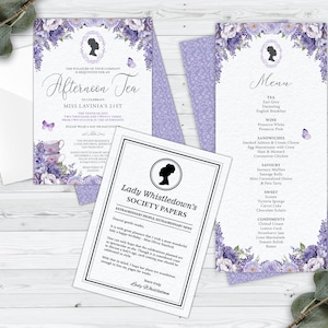 Bundle of 3 Afternoon Tea with Afro Puff Cameo, Lavender Color, Invite, Menu, Whistledown Birthday Page, Corjl EDITABLE DIGITAL DOWNLOAD