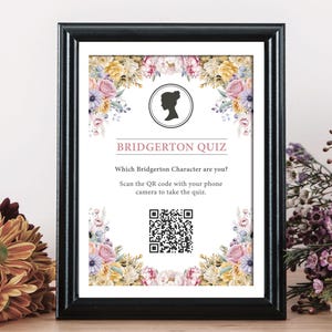 NON-EDITABLE, 5 x 7 Bridgerton Quiz Which Character are You? Small Sign with Pastel Flowers and Cameo, Instant Digital Download PDF Files