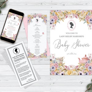 Bundle of 4 Electronic Baby Shower Afro Puff Cameo, Pastel, Mob Invite, Menu, Society Paper, Welcome Sign, Corjl EDITABLE DIGITAL DOWNLOAD