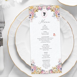 4 x 9 Bridgerton Tea Party Menu with Pastel Flowers, Bridgerton Style Cameo with Butterfly, CORJL EDITABLE DIGITAL Template