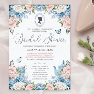 5 x 7 Bridal Shower Invitation, Bridgerton Style Cameo, Blue, Pink, White Flowers, Teapot, & Butterflies, CORJL EDITABLE DIGITAL Template