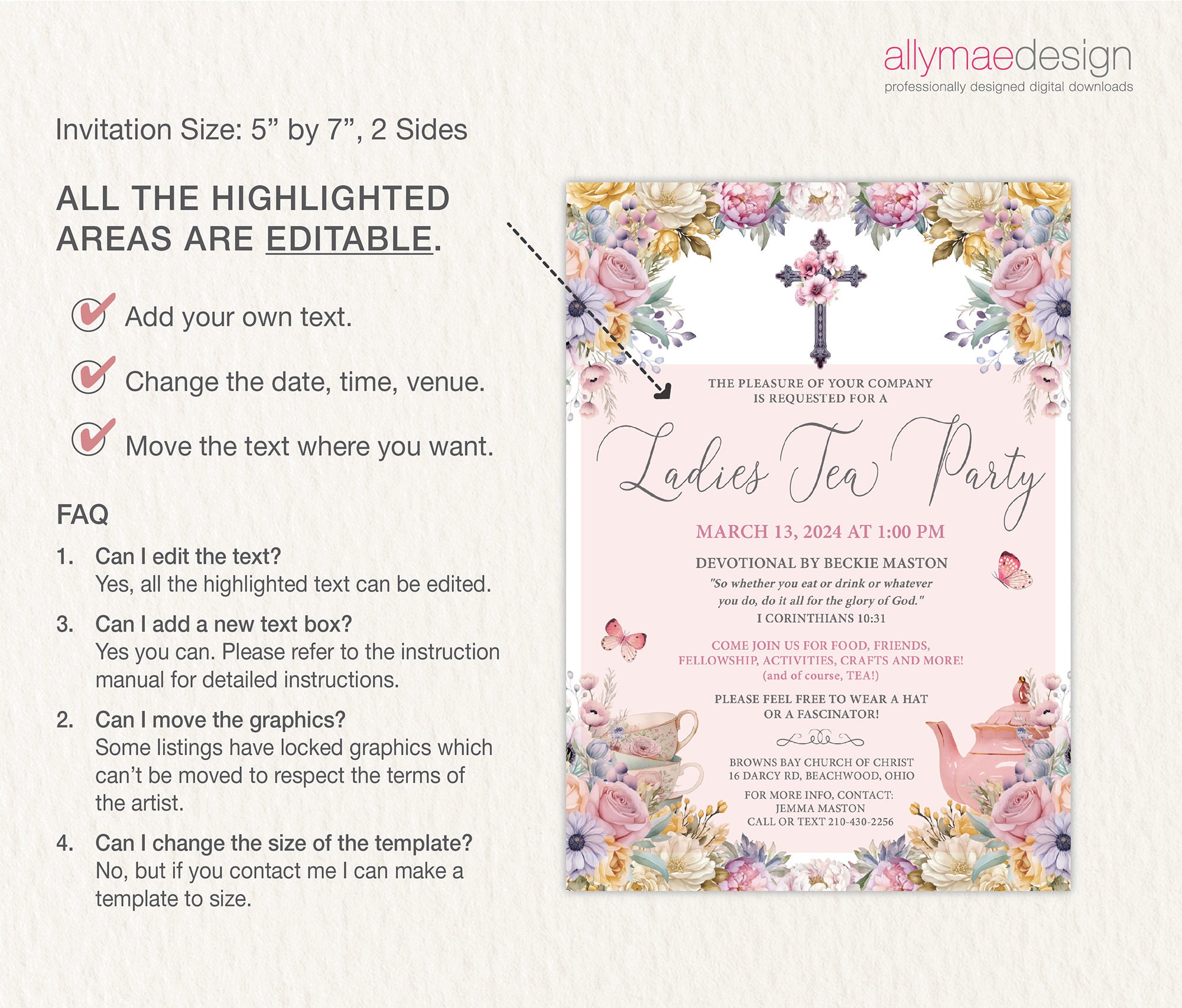 5 X 7 Ladies Tea Party Church Event Invite With Pastel Flowers