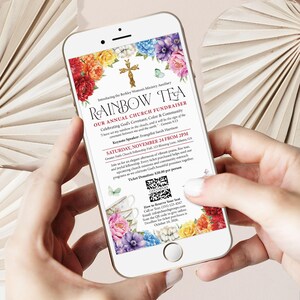 Invito mobile per la raccolta fondi "Rainbow Tea" della chiesa, con fiori colorati, croce dorata e citazioni bibliche, modello modificabile Corjl.