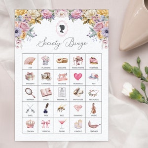 20 x NON-MODIFICABILI 5 x 7 Society Bingo Game con fiori pastello, Bridgerton Cameo, 20 diverse cartelle Bingo + retro, download digitale PDF