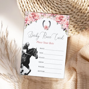 3.5 x 5 Derby Race Betting Card with Blush Pink Flowers, Diamond Flower Horseshoe and Racehorse, CORJL EDITABLE DIGITAL Template