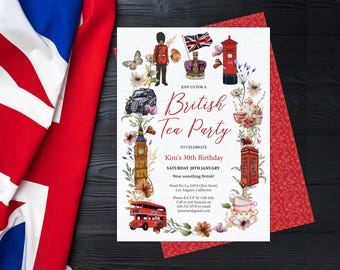 Britische Teeparty einladen: London-Symbole, Big Ben, schwarzes Taxi, 5x7 bearbeitbare Corjl-Vorlage