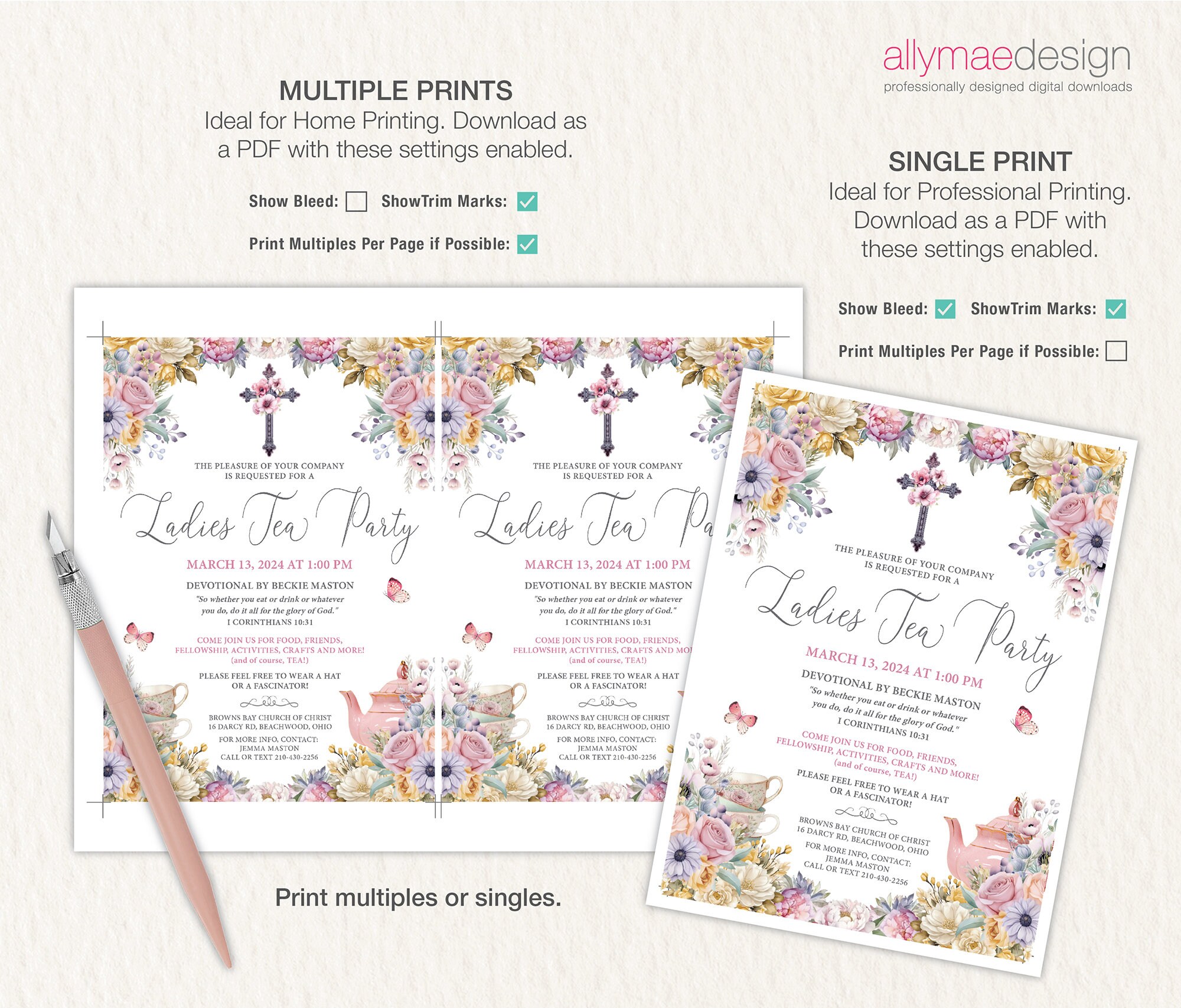 5 X 7 Ladies Tea Party Church Event Invite With Pastel Flowers