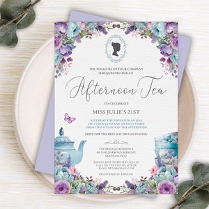 5 x 7 Afternoon Tea Invitation, Blue, Lilac Flowers, Bridgerton Cameo, Teapot, Teacups, Butterfly, Corjl Editable Digital Download