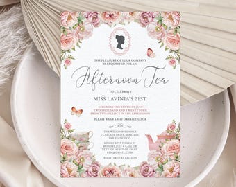 5 x 7 Bridgerton Afternoon Tea Invitation with Blush Pink Flowers, Cameo, Tea Pot, Tea Cup Graphics, Corjl EDITABLE DIGITAL DOWNLOAD