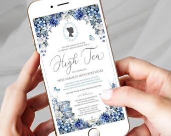 High Tea Mobile Invitation with Blue & White Flowers, Bridgerton Style Cameo, Butterflies, Teapot, CORJL EDITABLE DIGITAL Template