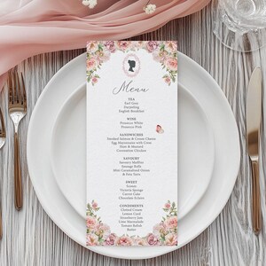 Blush Pink Tea Menu: Regency Cameo, Butterfly, Pattern Back, 4x9 Editable Corjl Template
