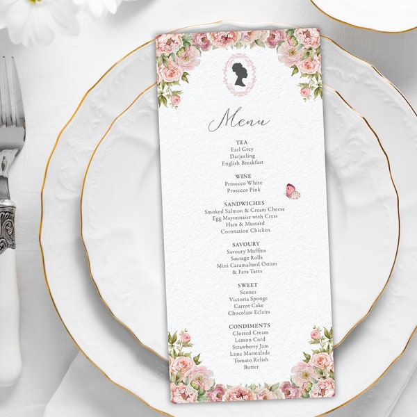 4 x 9 Bridgerton Afro Puff Cameo Tea Party Menu with Blush Pink Flowers and Butterfly, Corjl Editable Digital Download